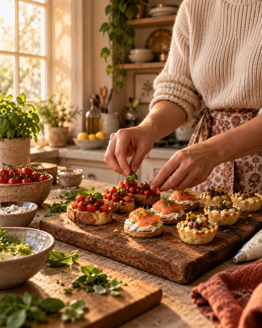 Mulher preparando bruschettas, canapés e tartaletes em casa